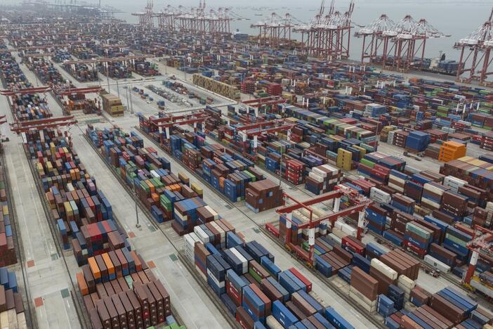Shipping containers are seen ready for transport at the Guangzhou Port in the Nansha district in southern China's Guangdong province in April 2025.