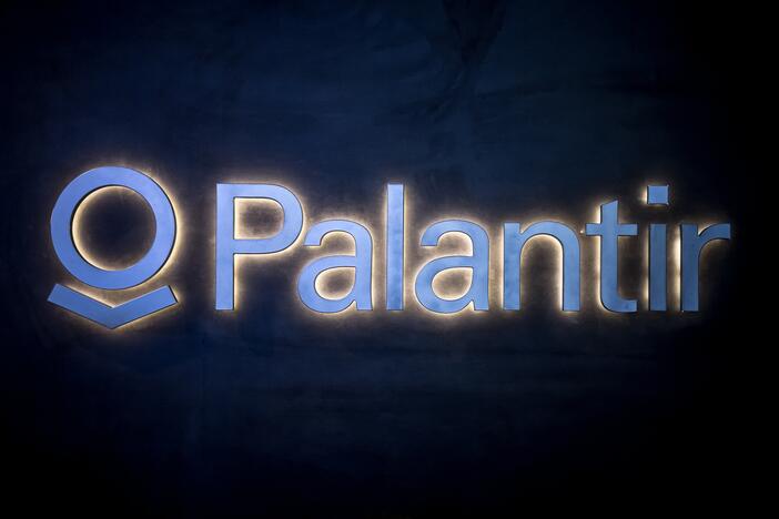 The logo of the big data analytics software company Palantir Technologies on display during the World Economic Forum (WEF) annual meeting in Davos, on Jan. 23, 2025.