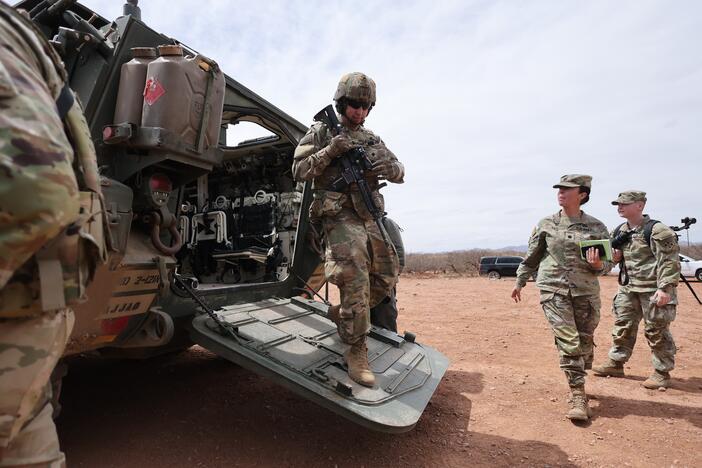 A Stryker platoon is stationed near the fence at the southern U.S. border with Mexico, in Douglas, Arizona, on April 3.