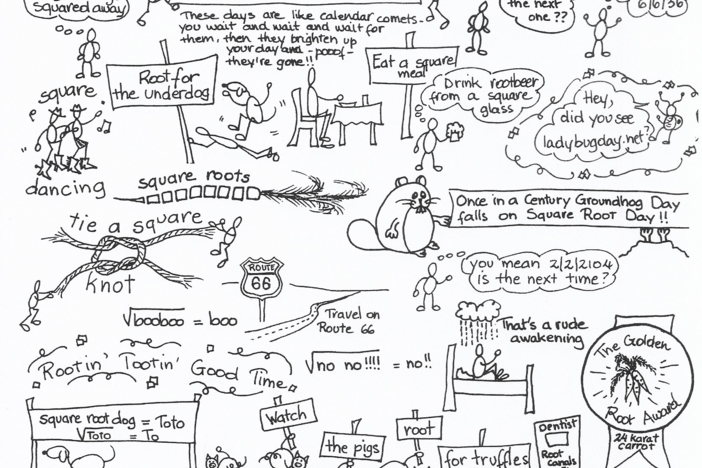Linda Gordon draws cartoons for <a href="https://squarerootday.net/"target="_blank"   >the website</a> that her husband Ron Gordon made to celebrate mathematically themed days.<br><br>