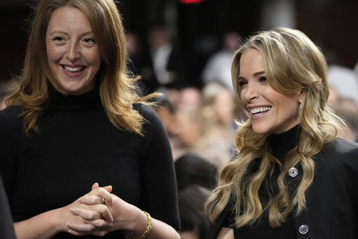 Dr. Casey Means (left) stands with journalist Megan Kelly at a confirmation hearing for Robert F. Kennedy Jr. for the secretary of Health and Human Services post in January.