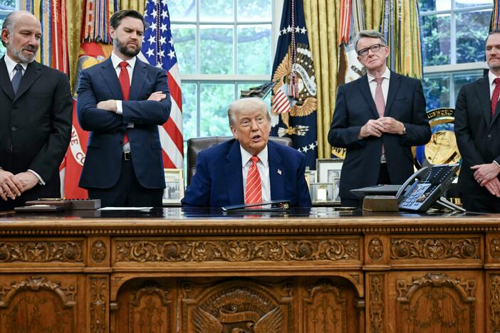 President Trump announces a trade agreement with the United Kingdom on May 8, 2025 as Commerce Secretary Howard Lutnick, Vice President Vance, British Ambassador Peter Mandelson and U.S. Trade Representative Jamieson Greer look on.