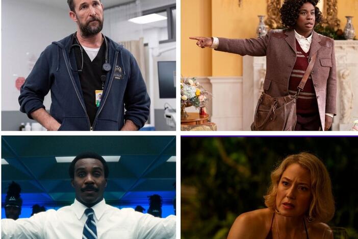 NPR TV critic Eric Deggans picks his favorite performances of 2025 so far, including, clockwise from top left, Catherine O'Hara in <em>The Last of Us</em> and <em>The Studio</em>, Noah Wyle in <em>The Pitt,</em> Uzo Aduba in <em>The Residence, </em>Carrie Coon in <em>The White Lotus, </em>Tramell Tillman in <em>Severance </em>and Owen Cooper in <em>Adolescence</em>.