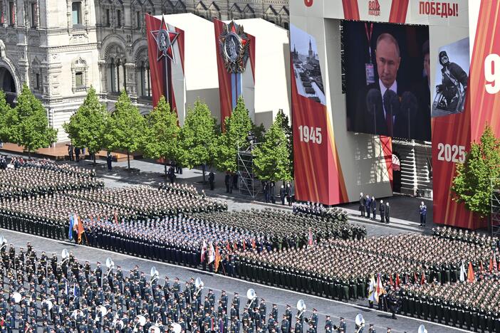 Russian servicemen take part in the Victory Day military parade in Moscow, Russia, Friday, May 9, 2025, marking the 80th anniversary of the Soviet Union's victory over Nazi Germany during the World War II.