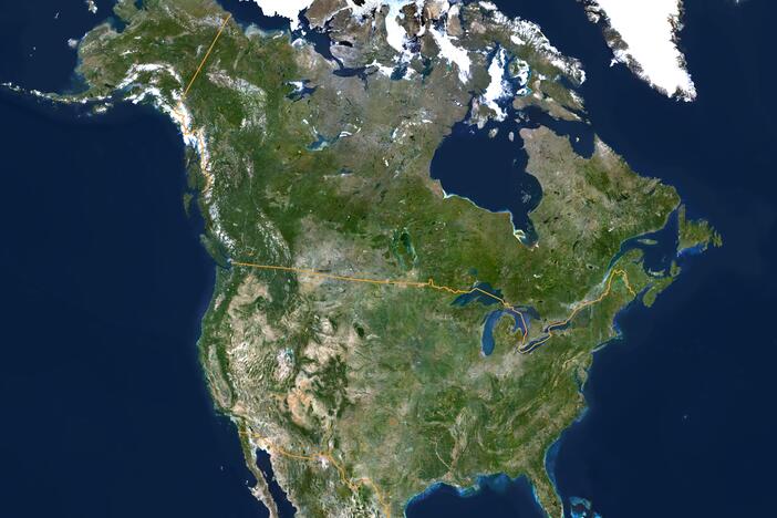 The U.S.-Canada border, as seen in this satellite map, mostly runs along the 49th parallel — and wasn't chosen at random.