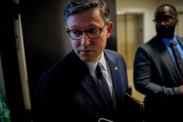Speaker of the House Rep. Mike Johnson, R-La.,speaks to reporters following a House Republican conference meeting at the U.S. Capitol on May 6. Republicans are facing internal divisions over Medicaid as they work to enact President Trump's domestic policy agenda.