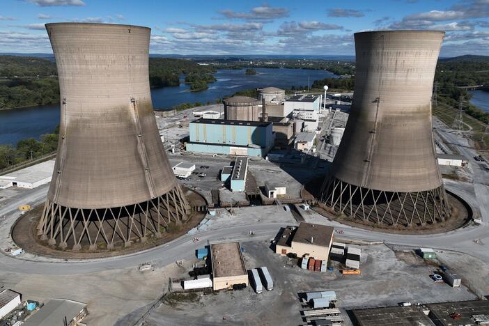 The shuttered Three Mile Island nuclear power plant stands in the middle of the Susquehanna River on October 10, 2024. One of the plant's two reactors partly melted down in 1979, but the second one operated for decades before it was closed. It is now set to be restarted as early as 2028, pending approval by the Nuclear Regulatory Commission.