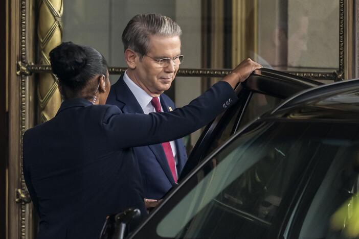 U.S. Treasury Secretary Scott Bessent leaves his hotel to attend a meeting with China's officials on tariffs in Geneva, on Saturday.