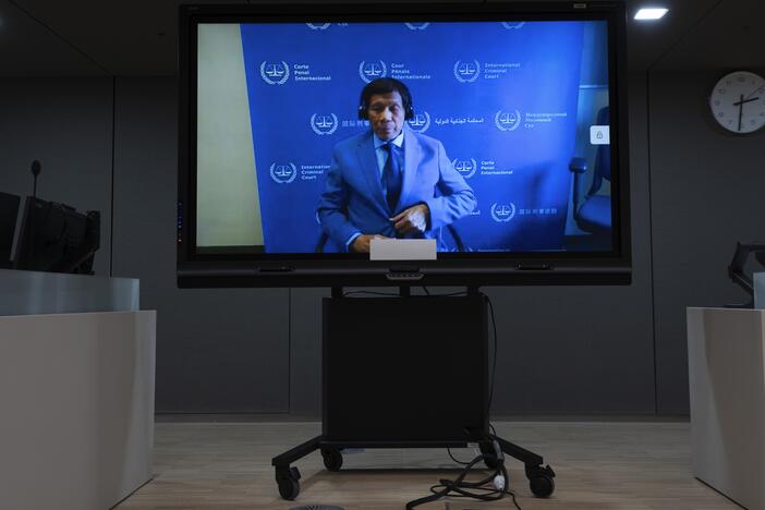 Former Philippine President Rodrigo Duterte is seen on a screen in the courtroom of the International Criminal Court (ICC) in The Hague, Netherlands, March 14, 2025.