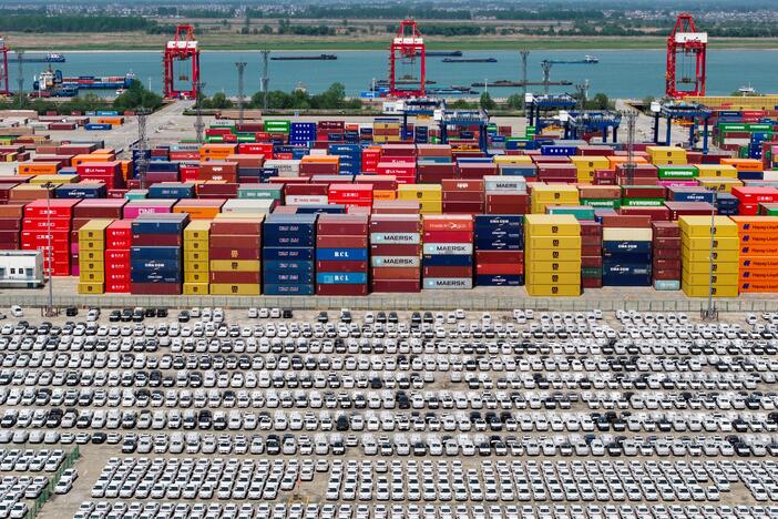 Chinese-made cars are lined up in rows at the port in Nanjing, in China's eastern Jiangsu province, on April 16 as they wait to be loaded onto ships for export.