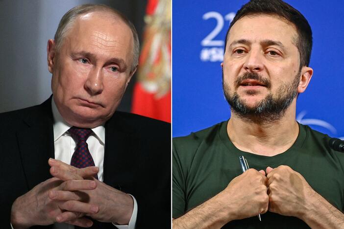 This combination of pictures created on Monday shows a photograph distributed by Russia's state agency Sputnik showing Russian President Vladimir Putin during an interview with RIA Novosti news agency at the Kremlin on March 12, 2024, and a picture of Ukrainian President Volodymyr Zelenskyy during a summit in Singapore on June 2, 2024.