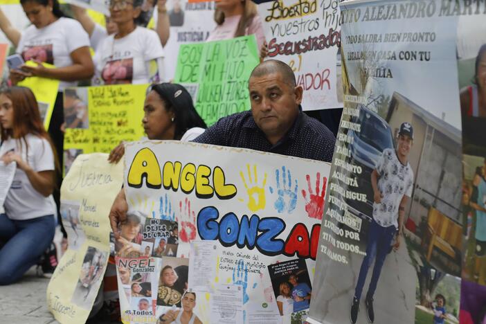Relatives of Venezuelan migrants in the U.S. who were flown to a prison in El Salvador by the U.S. government, which alleged they were members of the Tren de Aragua gang, protest outside the United Nations building in Caracas, Venezuela, Tuesday, April 22, 2025.