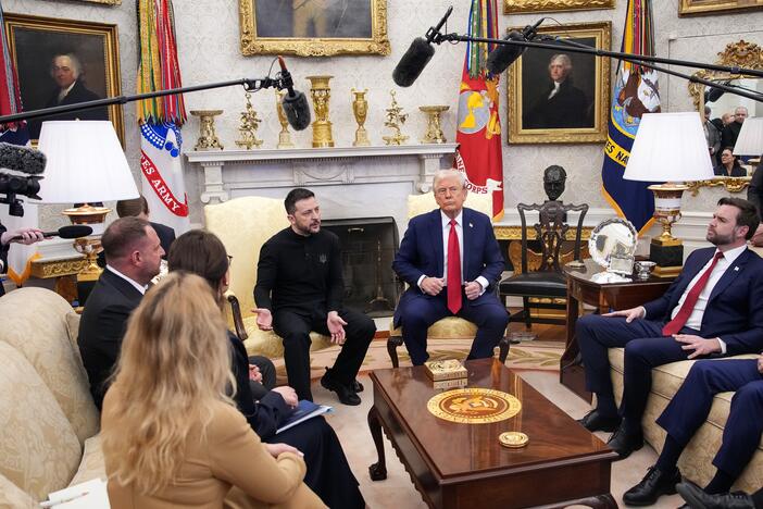 President Trump and Vice President Vance meet with Ukrainian President Volodymyr Zelenskyy in the Oval Office at the White House on Feb. 28. Researchers are testing AI's potential for coming up with agreements to end the war in Ukraine.
