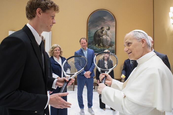 Italy's Jannik Sinner shares a light moment with Pope Leo XIV on the occasion of their meeting at the Vatican, Wednesday, May 14, 2025.