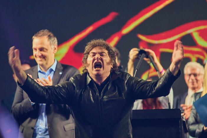 Argentina's President Javier Milei greets supporters during the closing campaign rally for Manuel Adorni, a contender in the upcoming elections for the Buenos Aires city legislature, in Buenos Aires, Argentina on Wednesday.