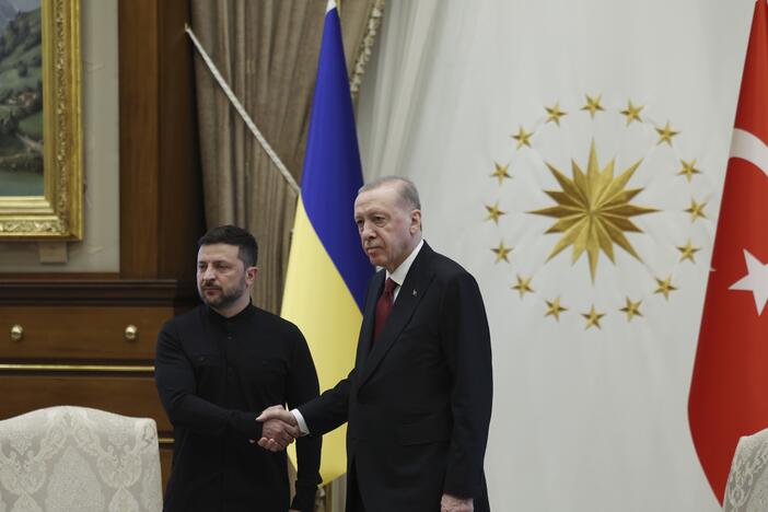 Turkish President Recep Tayyip Erdogan (right) shakes hands with Ukrainian President Volodymyr Zelenskyy during their meeting at Turkey's presidential palace in Ankara, Thursday.