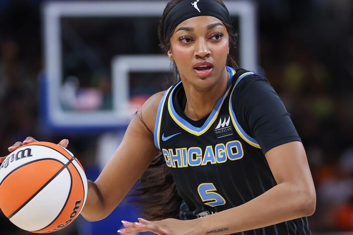 Angel Reese of the Chicago Sky brings the ball up the court during the Sky's game against the Indiana Fever at Wintrust Arena on August 30, 2024, in Chicago, Illinois.<br>