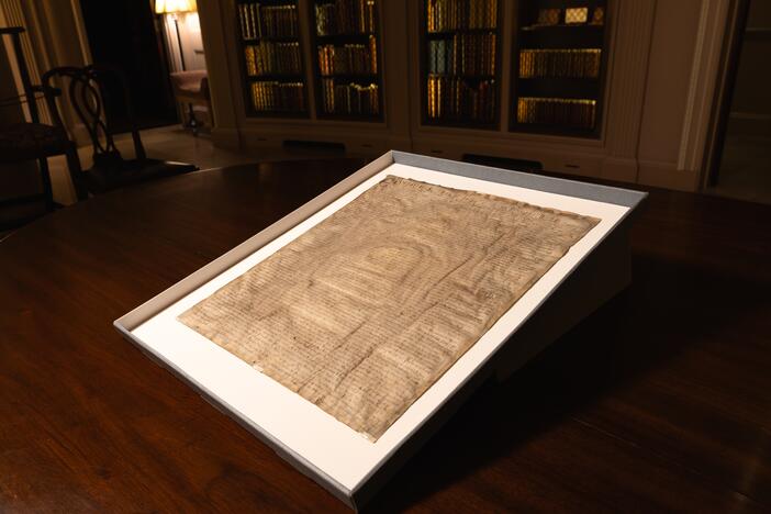 A copy of the 1300 version of the Magna Carta on display at the Harvard Law School.