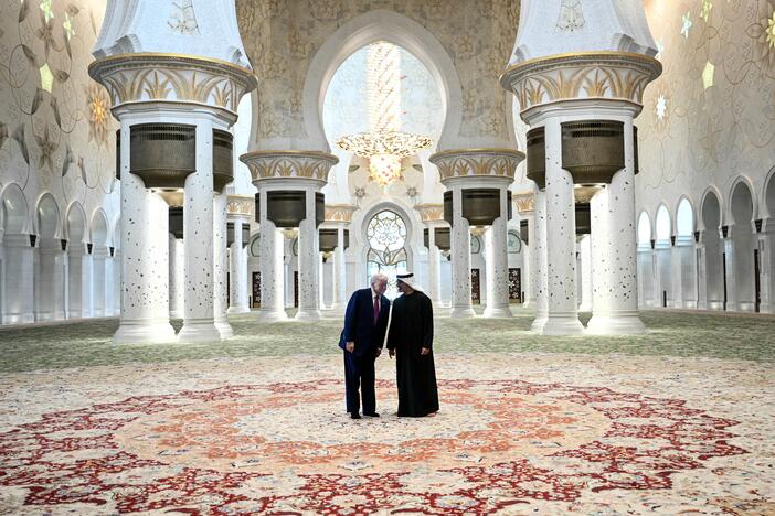 President Trump visits the Sheikh Zayed Grand Mosque with Crown Prince Sheikh Khaled bin Mohamed bin Zayed Al Nahyan in Abu Dhabi on May 15, 2025.