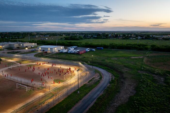 In an aerial view, inmates are seen in the courtyard at the Bluebonnet Detention Center on May 12 in Anson, Texas. ICE has begun transferring illegal immigrant detainees to the Bluebonnet Detention Center after U.S. District Judge Wesley Hendrix readily offered the facility to the Trump administration under the Alien Enemies Act.