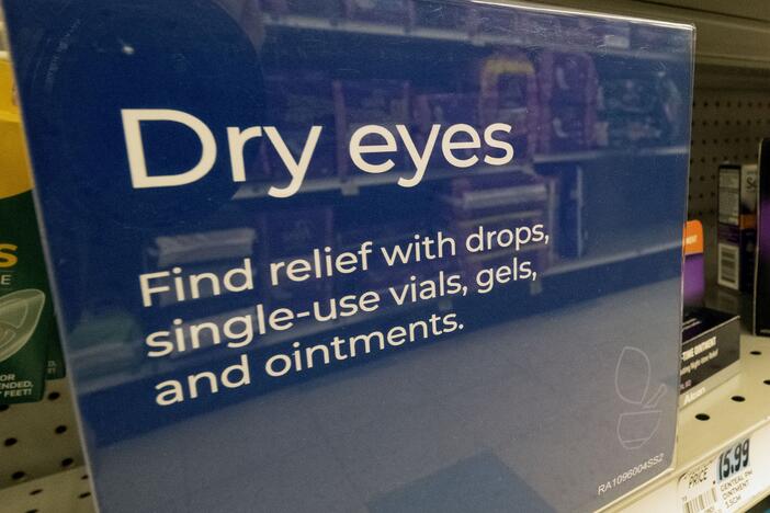 A selection of eye drops line a shelf at a pharmacy in Los Angeles in December 2023.