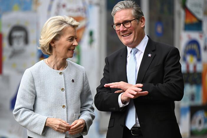 Ursula von der Leyen, president of the European Commission, left, and Keir Starmer, prime minister of the U.K., greet each other, ahead of their bilateral meeting at the 6th European Political Community summit on May 16 in Albania.