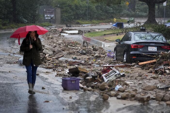 Mud and debris as atmospheric rivers dumped rain in Studio City, Calif., in 2024. Forecasting heavy rain requires measurements from satellites, doppler radar, ocean buoys and other instruments, most of which are operated by the federal government.