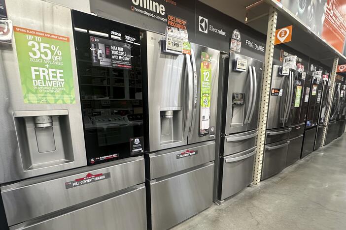 Refrigerators are on display at a Home Depot store in Orlando, Fla.