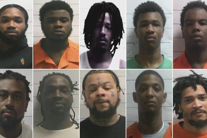 Photographs from the Orleans Parish Sheriff's Office show the escaped suspects, from top left: Dkenan Dennis,  Gary C Price, Robert Moody, Kendell Myles, Corey E Boyd. Bottom from left: Lenton Vanburen Jr, Jermaine Donald,  Antonine T Massey, Derrick D. Groves, and Leo Tate Sr.