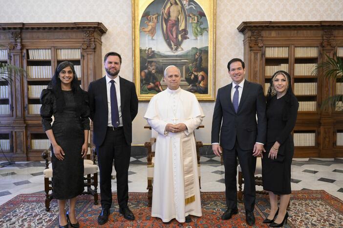 Pope Leo XIV with Vice President JD Vance, his wife Usha Vance, Secretary of State Marco Rubio and his wife Jeanette Dousdebes Rubio, on the occasion of their meeting at the Vatican, Monday.