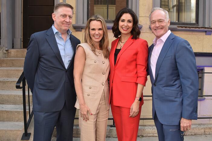 CBS News President Wendy McMahon resigned on Monday. Here, McMahon (second from left) stands with former <em>60 Minutes</em> Executive Producer Bill Owens and two of the show's correspondents, Cecilia Vega and Scott Pelley, at the CBS fall schedule celebration held at Paramount Studios in May 2024.