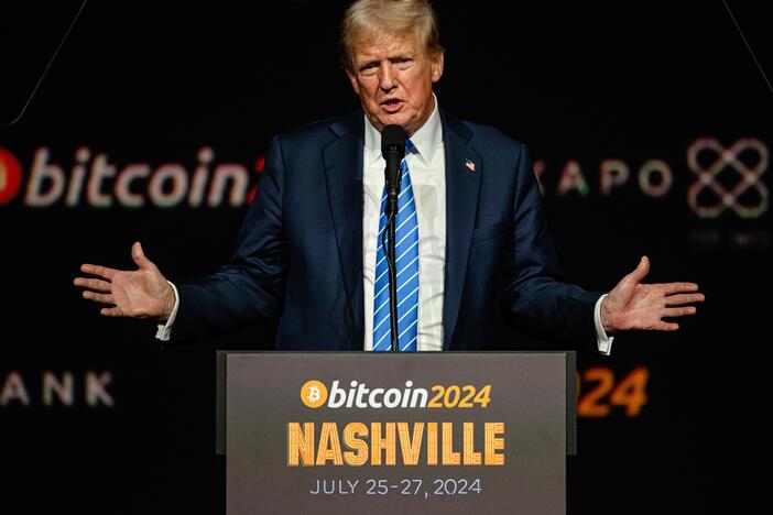 President Trump addresses the Bitcoin 2024 conference at Music City Center in Nashville, Tenn., when he was still a candidate.
