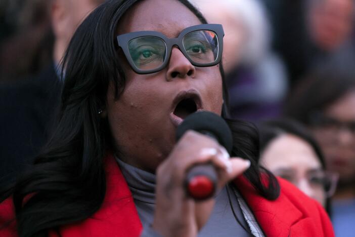 Rep. LaMonica McIver, D-N.J., speaks during a rally at the U.S. Treasury Department in February 2025 in Washington, D.C.