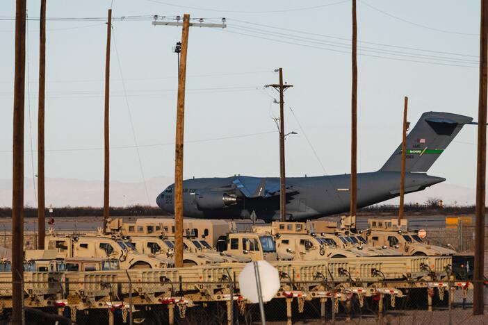A United States Air Force Boeing C-17 used for deportation flights is pictured at Biggs Army Airfield in Fort Bliss, El Paso, Texas on February 13, 2025.
