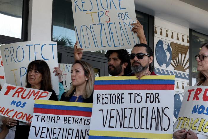 Protesters in Miami support a resolution in favor of reinstating temporary protected status for Venezuelans on Feb. 13, 2025. In early February,  the Trump administration revoked temporary protected status for around 350,000 Venezuelans who fled the country and immigrated to the United States.