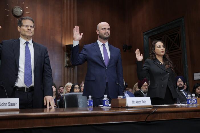 Harmeet Dhillon, far right, is sworn in during her confirmation hearing before the Senate Judiciary Committee in February 2025 in Washington, D.C.
