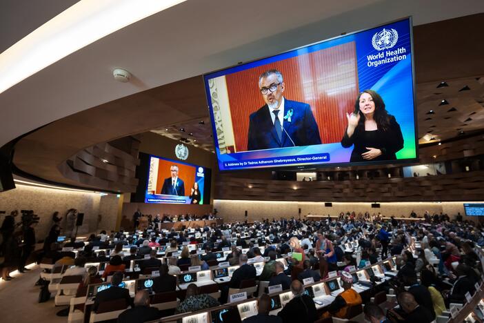 World Health Organization Director-General Tedros Adhanom Ghebreyesus addresses the World Health Assembly on May 19. It's the first such gathering that the U.S. has not attended in nearly 80 years in the wake of President Trump's plan to withdraw from WHO membership.