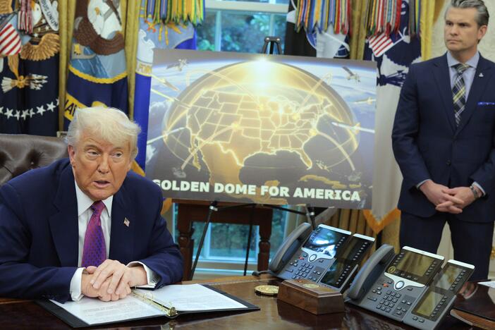President Trump speaks alongside Secretary of Defense Pete Hegseth in the Oval Office on May 20, 2025, announcing plans for the "Golden Dome," a national ballistic and cruise missile defense system.