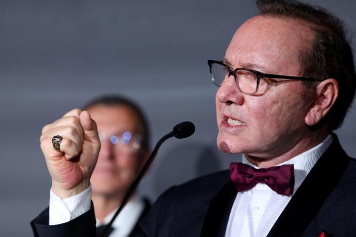 Kevin Spacey speaks on stage at the Better World Fund Gala in Cannes, France, where he was honored with a lifetime achievement award.<br><br>