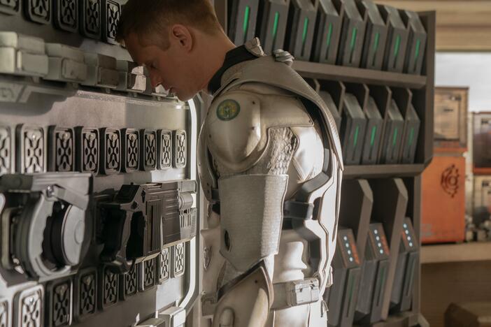 Alexander Skarsgård in <em>Murderbot</em>, out Friday on Apple TV+.