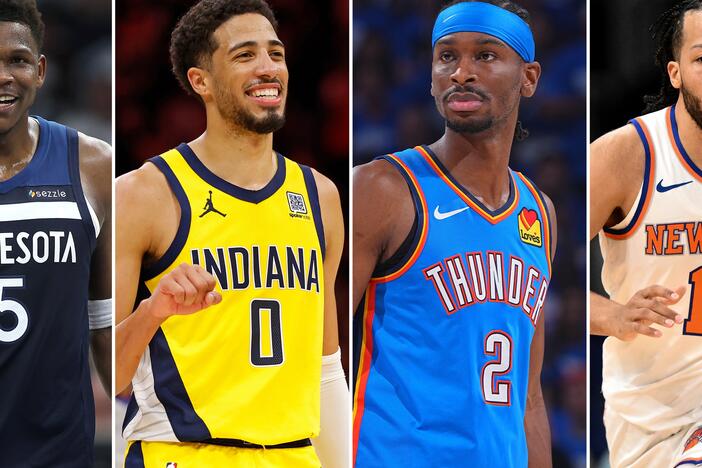 The NBA Conference Finals begin Tuesday. Depending on the outcome, several years-long title streaks will come to an end. (Left to right): Anthony Edwards of the Minnesota Timberwolves, Tyrese Haliburton of the Indiana Pacers, Shai Gilgeous-Alexander of the Oklahoma City Thunder, Jalen Brunson of the New York Knicks
