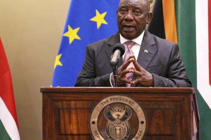 South Africa President Cyril Ramaphosa speaks to journalists during the eighth EU-South Africa summit in Cape Town, South Africa, in March.