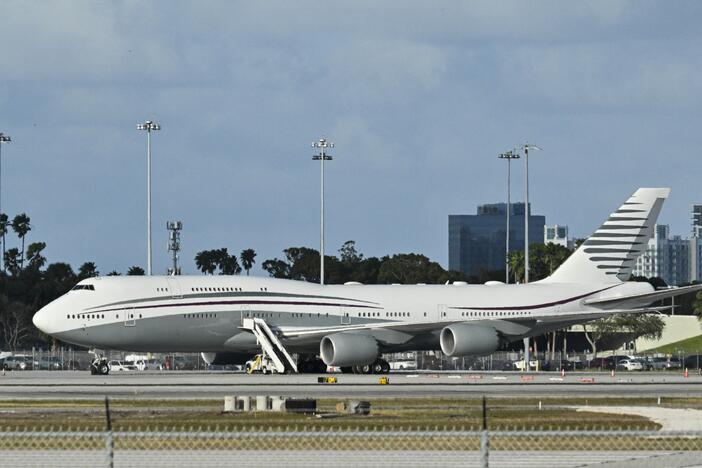 A Qatari Boeing 747 sits on the tarmac of Palm Beach International airport after President Trump toured the aircraft on Feb. 15. The U.S. has since accepted the luxury Boeing jet from the Qatari royal family.