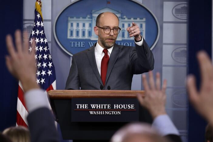 Russ Vought, director of the White House Office of Management and Budget, speaks at a press briefing during President Trump's first term, in 2019.