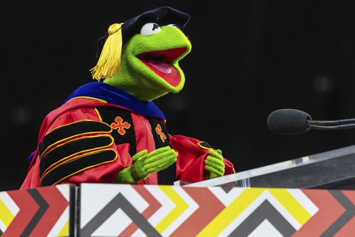 Kermit the Frog speaks during University of Maryland's commencement ceremony on Thursday, May 22, 2025, in College Park, Md.