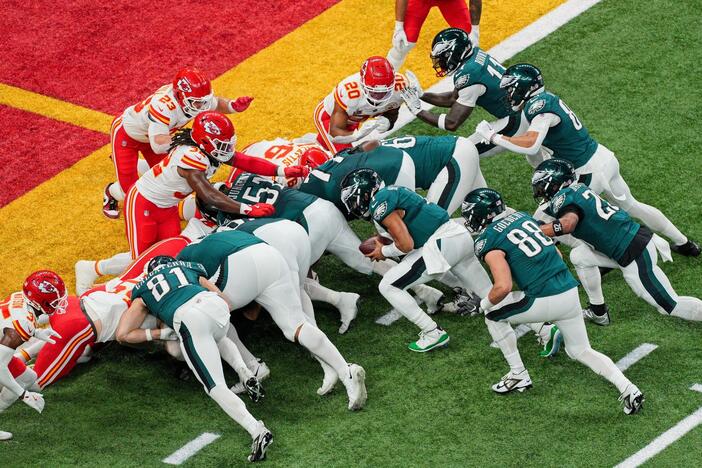 Philadelphia Eagles quarterback Jalen Hurts scores a touchdown on a tush push during Super Bowl LIX against the Kansas City Chiefs in February.