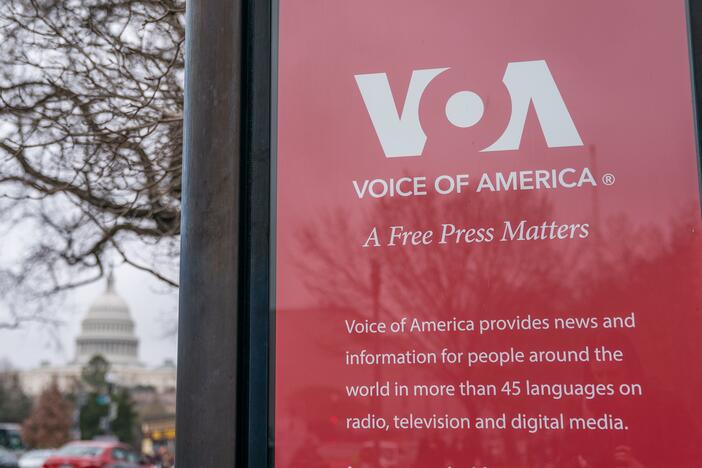 A sign outside of the Voice of America headquarters in Washington, DC, US, in March, shortly after President Trump signed an executive order aimed at reducing the scope of eight federal agencies as part of his campaign to downsize the US government, including the US Agency for Global Media, which oversees Voice of America.
