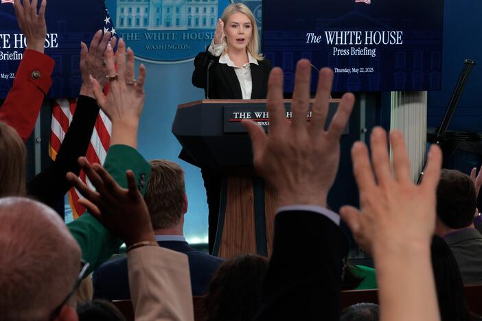 White House Press Secretary Karoline Leavitt talks to reporters in the Brady Press Briefing Room at the White House on May 22, 2025 in Washington, DC.