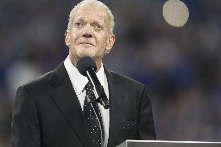 Indianapolis Colts owner Jim Irsay, pictured in 2018, died "peacefully in his sleep" on Wednesday, according to the team.