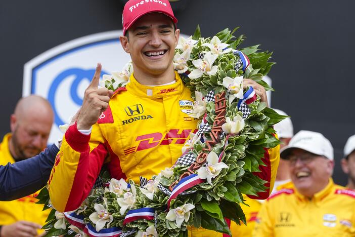 Alex Palou, of Spain, celebrates after winning the Indianapolis 500 at the Indianapolis Motor Speedway on Sunday.